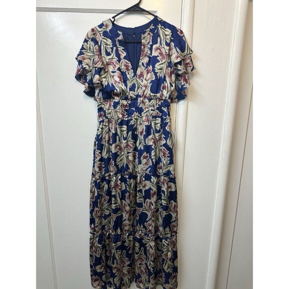 Julia Jordan Blue Multi Floral Dress Midi Sz 6 Tiered Navy Ruffle Flutter Sleeve - Picture 1 of 4